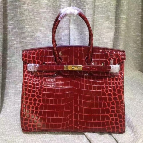 Hermes Birkin 35cm Handbag Crocodile Leather Dark Red Gold Replica
